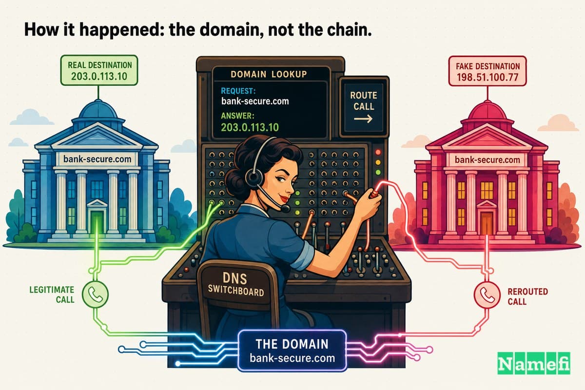 Vivid colorful concept art of a telephone switchboard operator secretly rerouting one glowing call cable to a counterfeit identical building, neon cables and circuits, surreal DNS rerouting metaphor, no brand logos