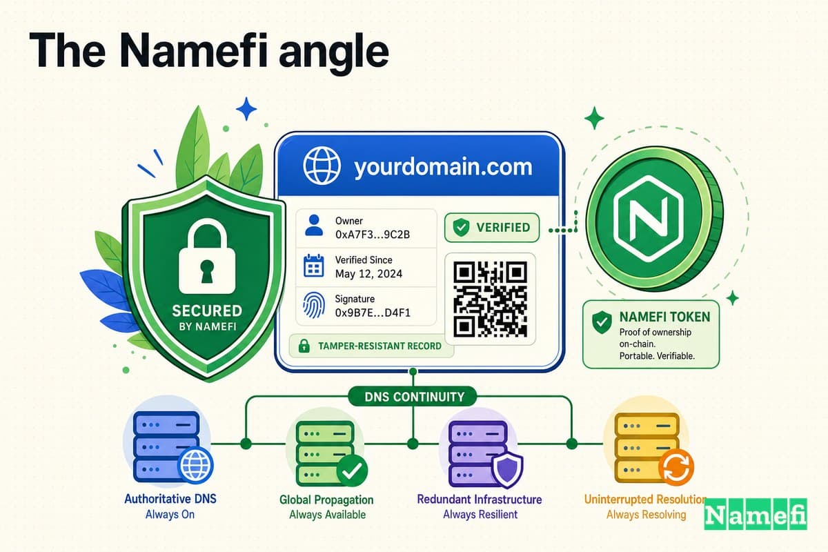 Colorful illustration of verifiable, tamper-resistant domain ownership — a domain card secured by a green shield, a green Namefi token, and DNS continuity