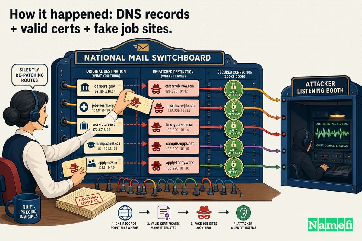 A vivid colorful concept illustration of a national mail switchboard being silently re-patched — glowing address cards being swapped on a giant routing wall, each rerouted line passing through a forged green padlock seal before reaching a hidden listening booth