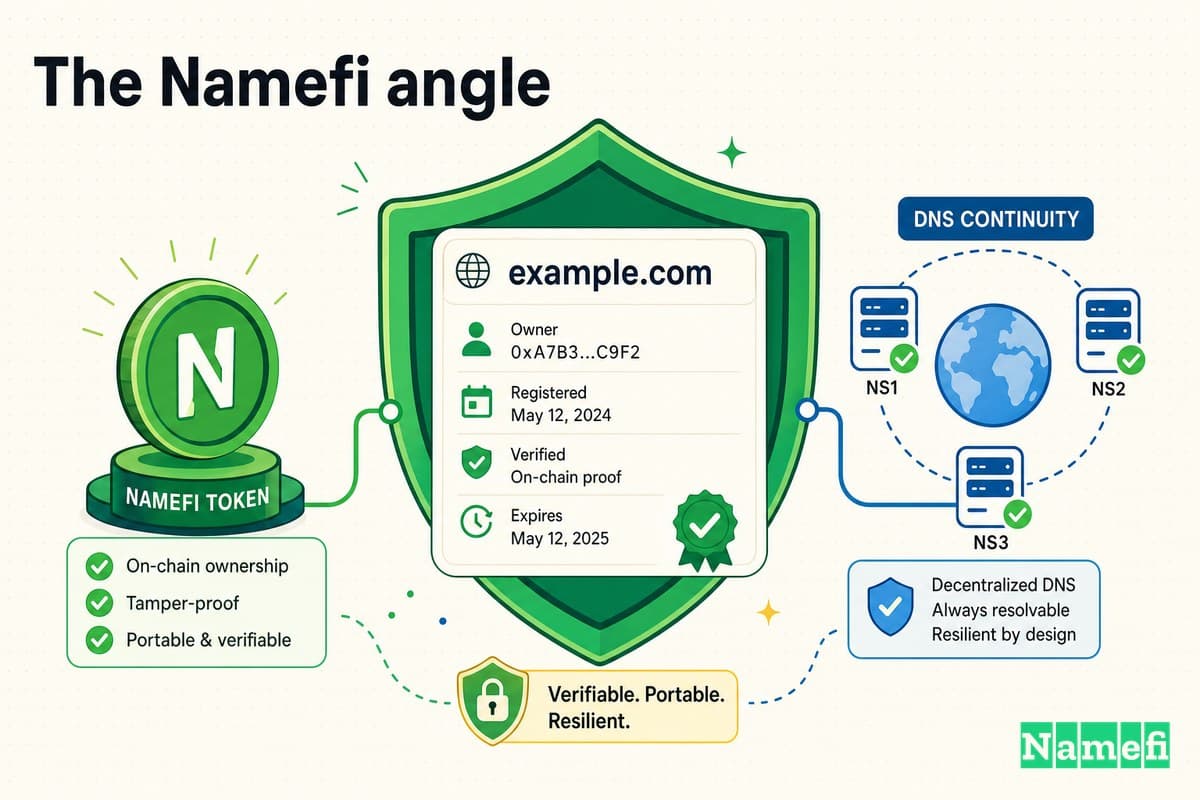 Colorful illustration of verifiable, resilient domain ownership — a domain card secured by a green shield, a green Namefi token, and DNS continuity