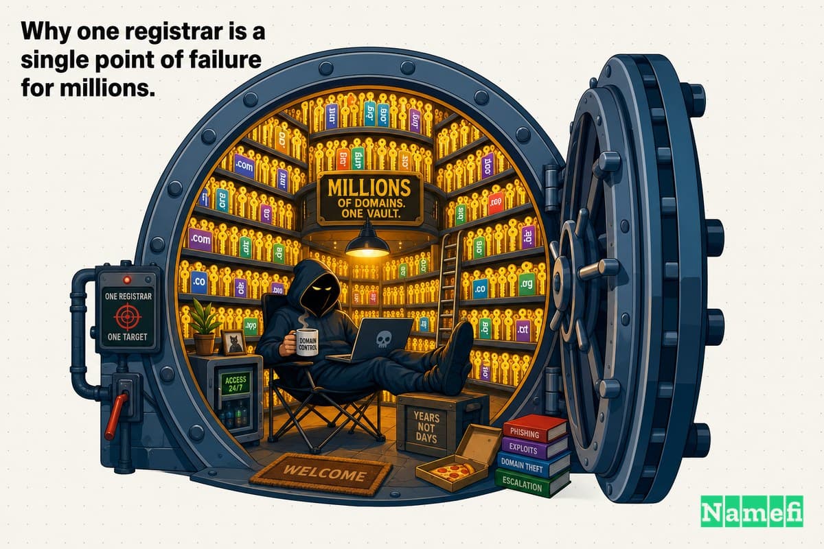 Vivid colorful concept art of a single enormous central vault stacked floor to ceiling with millions of glowing domain keys, a shadowy intruder figure camped comfortably inside on a folding chair as if living there for years, dramatic lighting