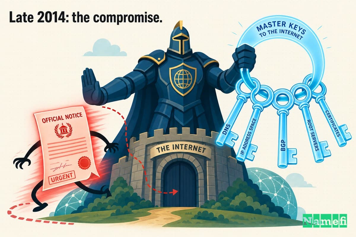 Vivid colorful concept-art of a fraudulent official letter slipping past a towering guardian who holds a glowing ring of master keys to the internet, the letter glowing red while the keys glow blue