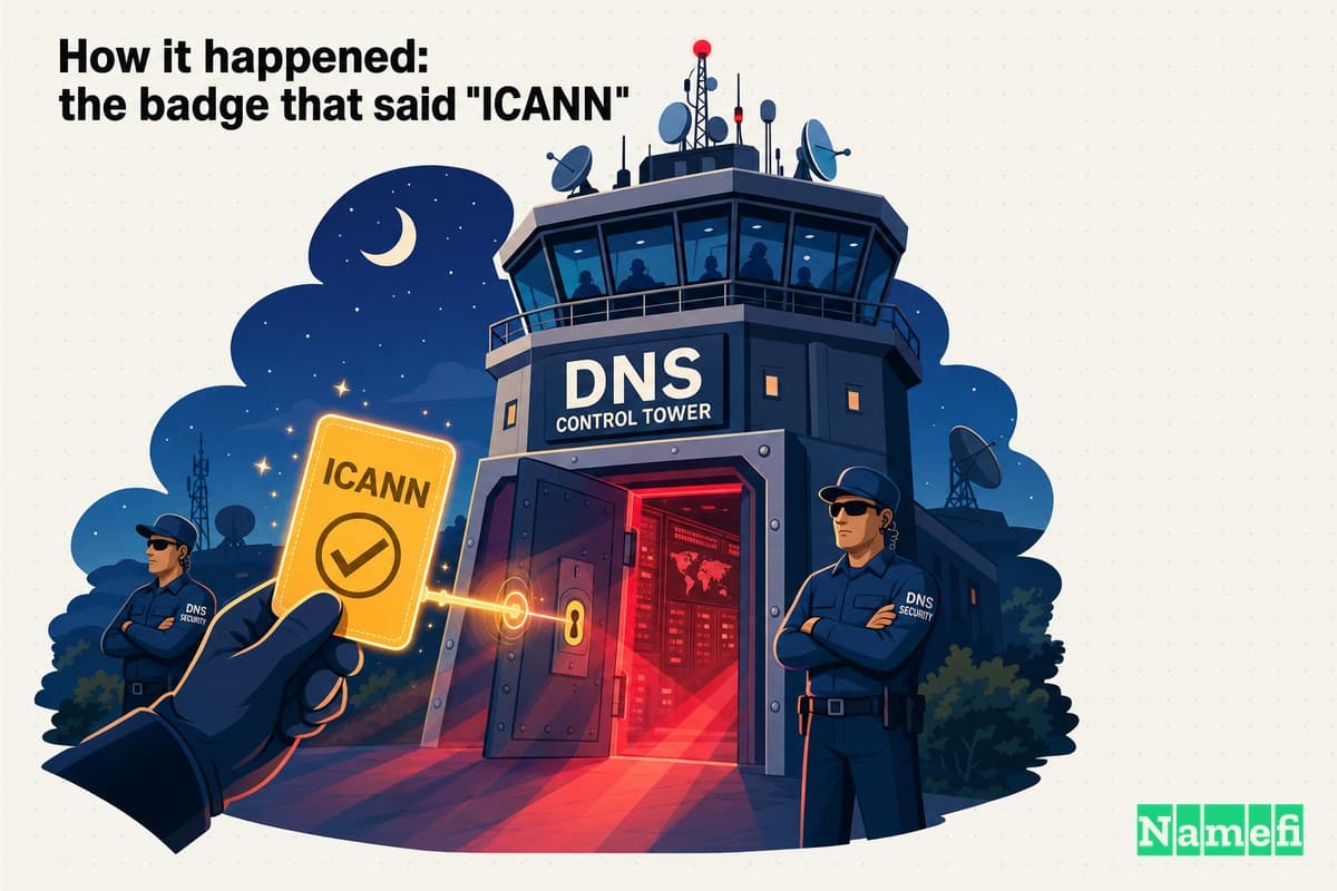 Vivid colorful concept-art of a control tower for the domain name system at night, a single forged glowing badge stamped with a checkmark unlocking its doors while real guards stand by unaware, beams of red light leaking out