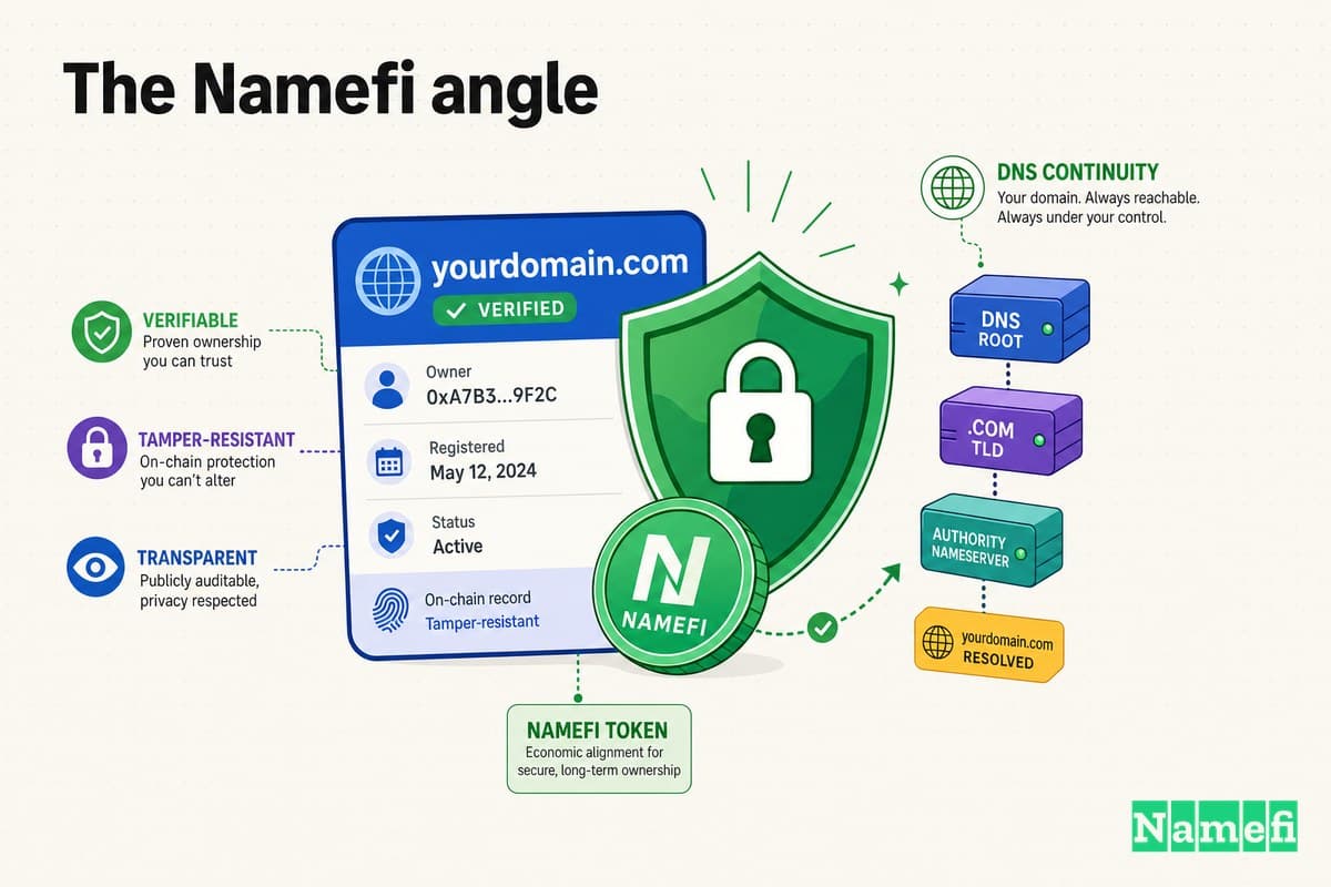 Colorful illustration of verifiable, tamper-resistant domain ownership — a domain card secured by a green shield, a green Namefi token, and DNS continuity