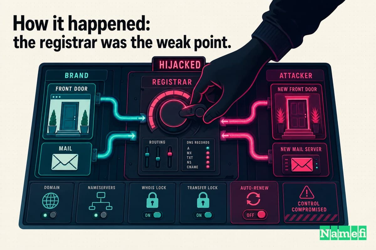 Vivid colorful concept art of a hijacked control panel with glowing routing dials and switches, a shadowy hand rerouting a brand's front door and mail pipes down a new neon-lit path, electric teal and magenta, no brand logos