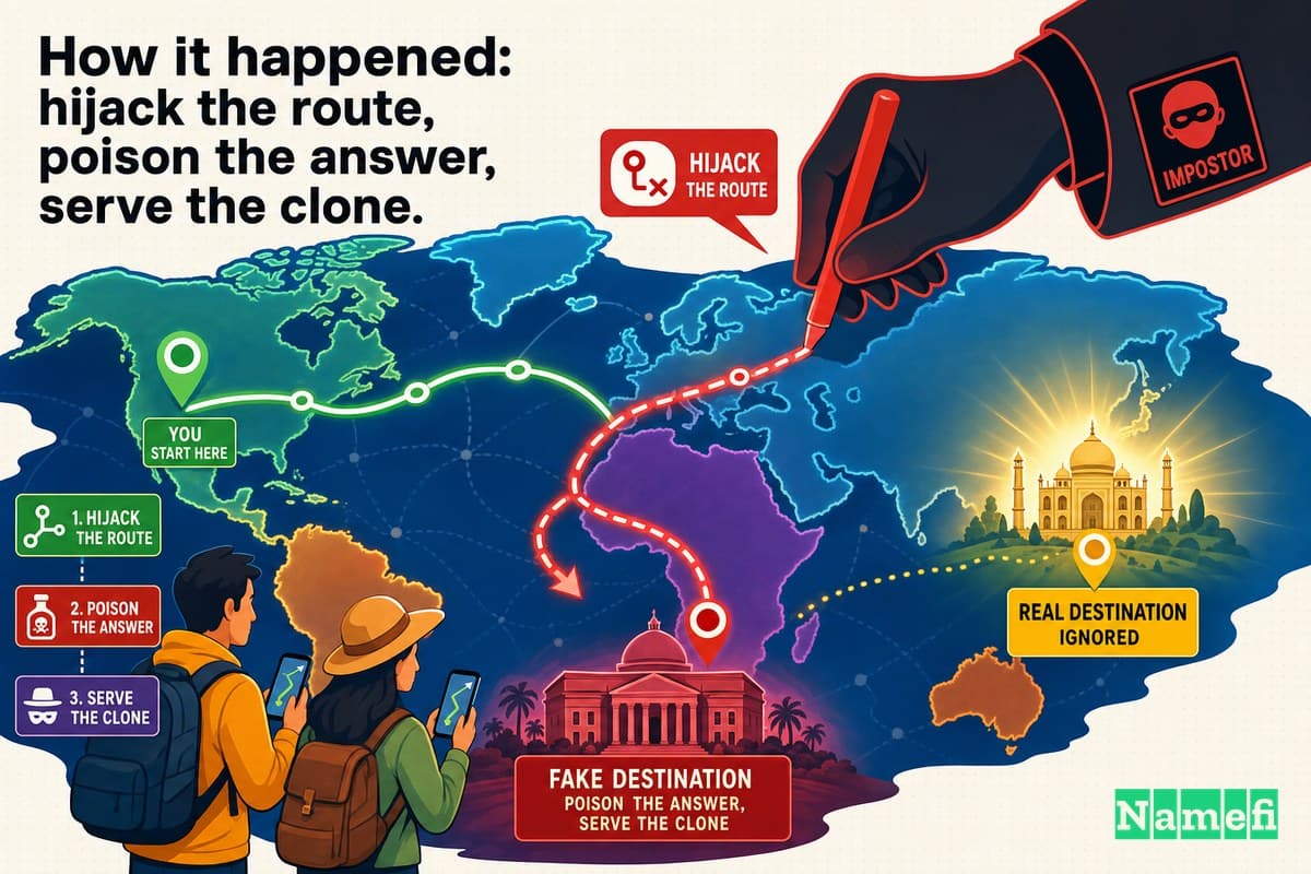 Vivid colorful concept art of a hijacked glowing world map where a GPS route is rerouted by an impostor hand redrawing the path, travelers led toward a fake landmark building while the real destination glows ignored in the distance