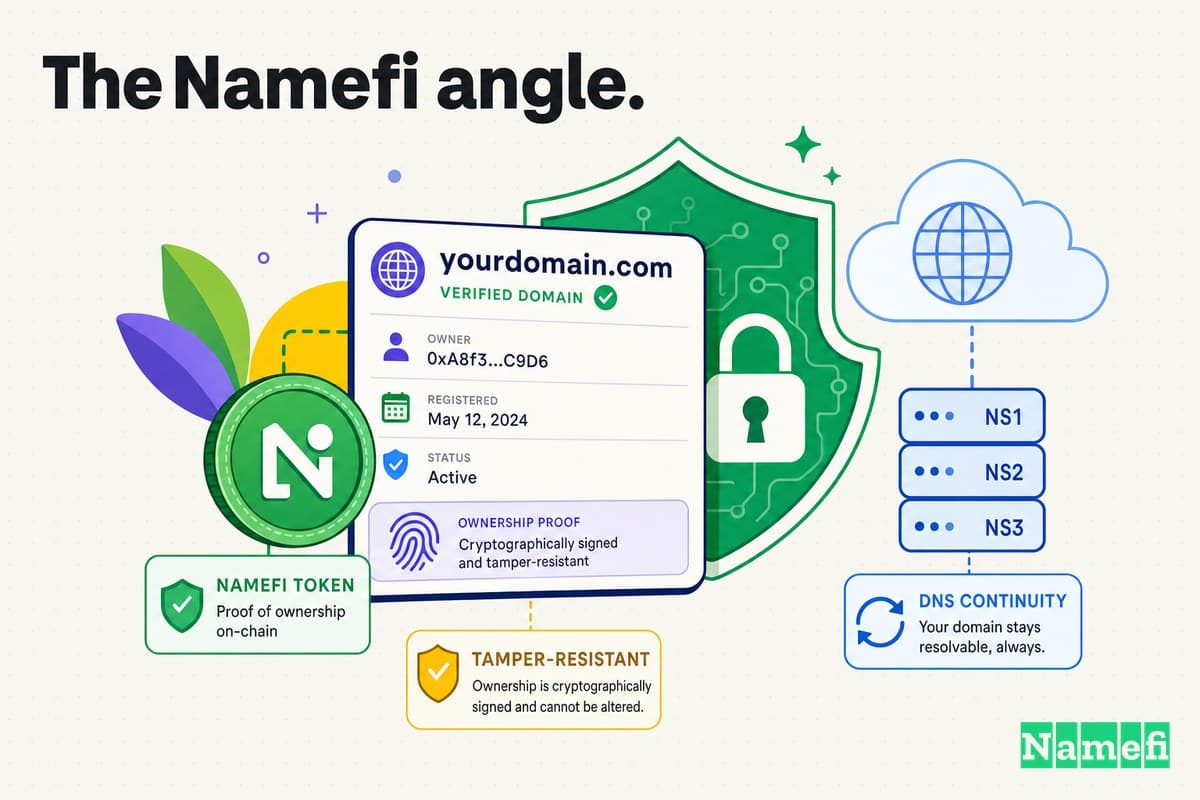 Colorful illustration of verifiable, tamper-resistant domain ownership — a domain card secured by a green shield, a green Namefi token, and DNS continuity