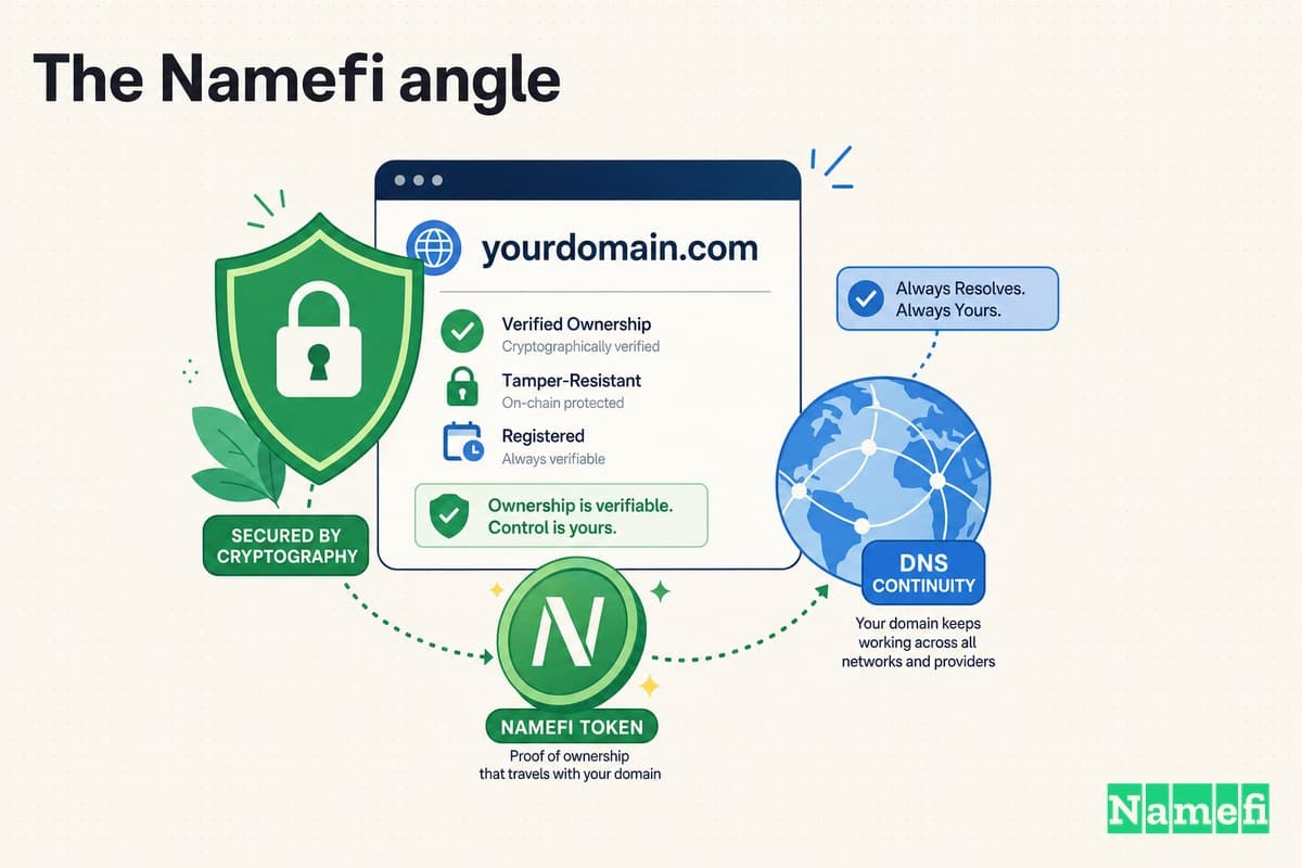 Colorful illustration of verifiable, tamper-resistant domain ownership — a domain card secured by a green shield, a green Namefi token, and DNS continuity
