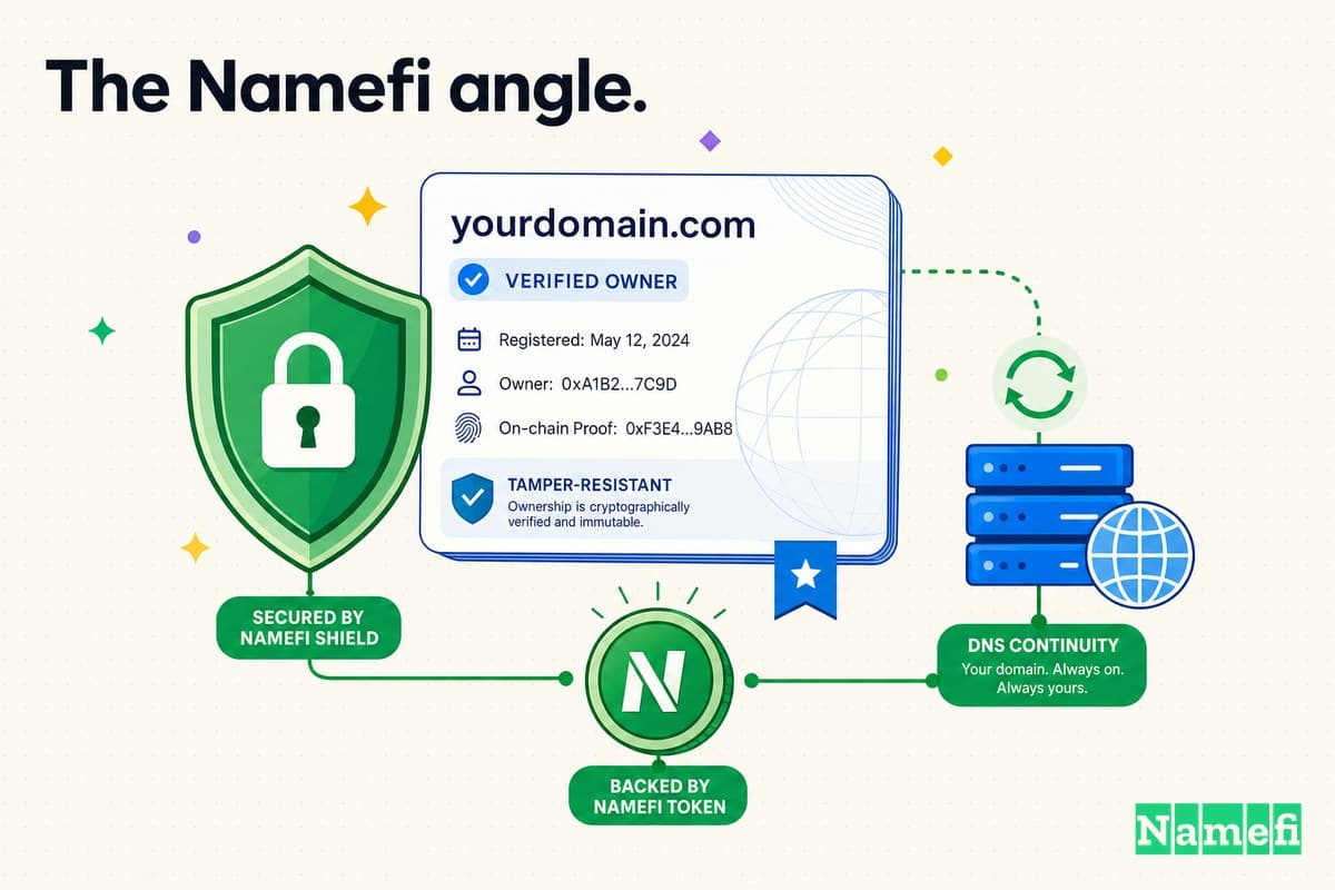 Colorful illustration of verifiable, tamper-resistant domain ownership — a domain card secured by a green shield, a green Namefi token, and DNS continuity