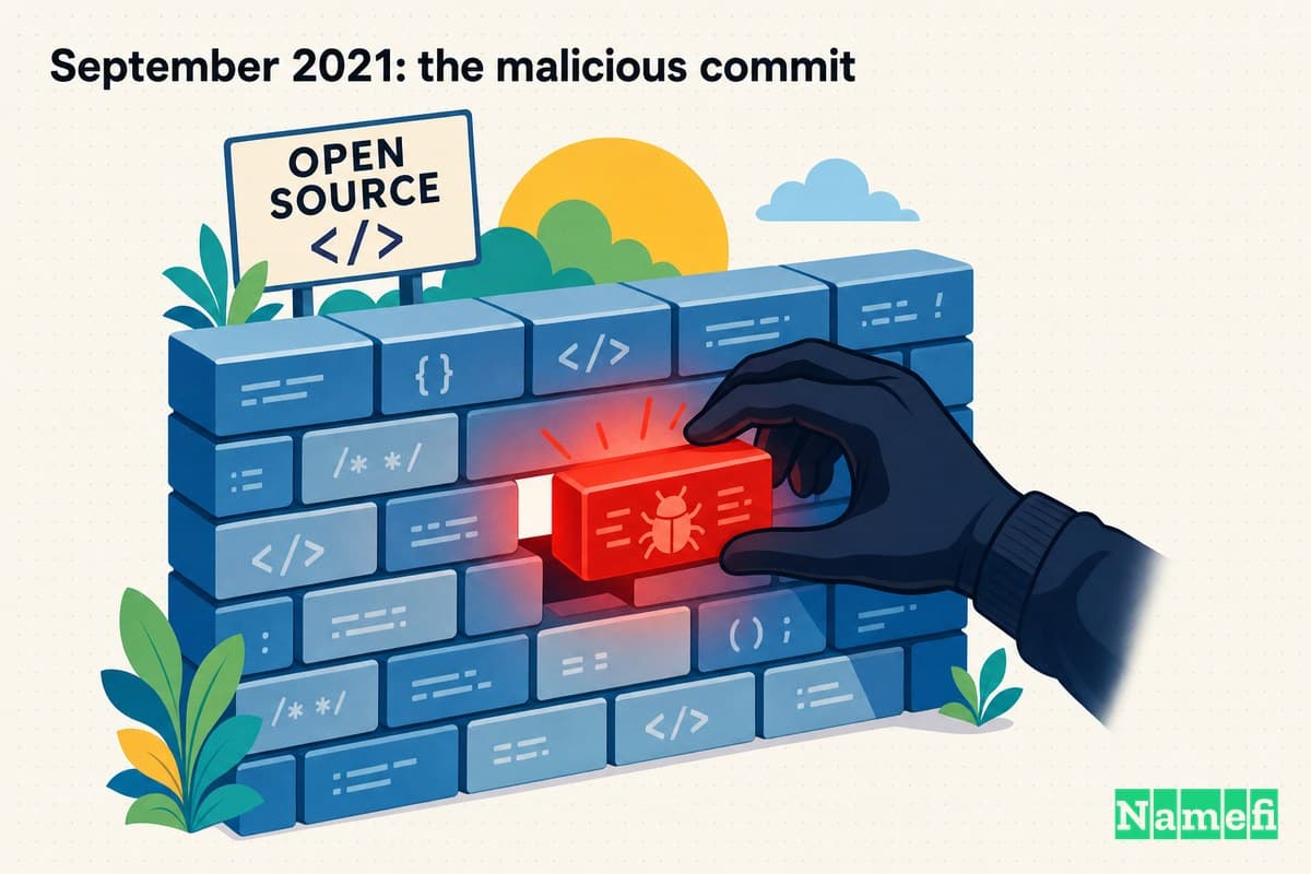 Vivid colorful concept art of a single tampered brick, glowing red, being quietly swapped into an otherwise clean open-source brick wall by an anonymous gloved hand