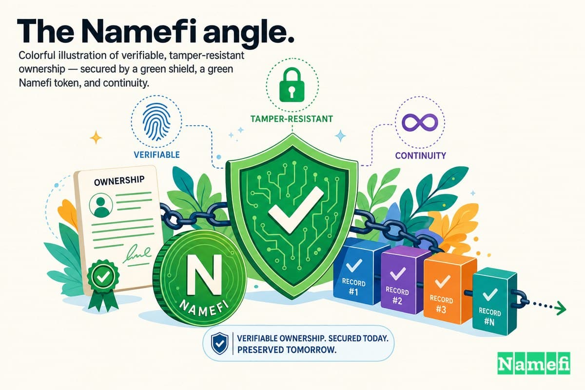 Colorful illustration of verifiable, tamper-resistant ownership — secured by a green shield, a green Namefi token, and continuity