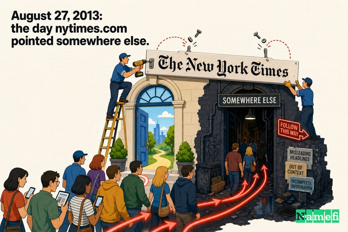 Vivid colorful concept art of a giant newspaper front-door sign being unbolted and re-hung over a different doorway, glowing red routing arrows pulling a crowd of readers off course into a dark side alley