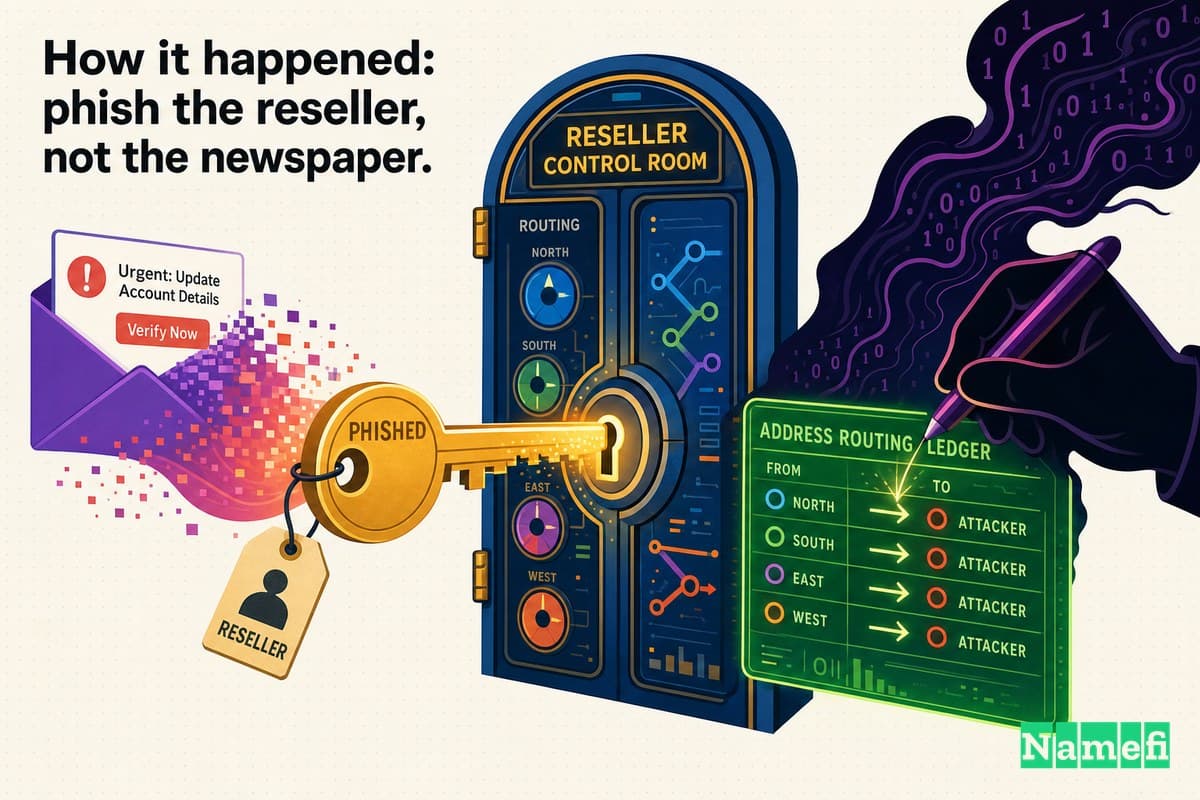 Vivid colorful concept art of a phished golden key sliding into a glowing control-room door labeled with abstract routing dials, a shadowy hand rewriting a luminous ledger of address arrows while a fake email envelope dissolves into the lock