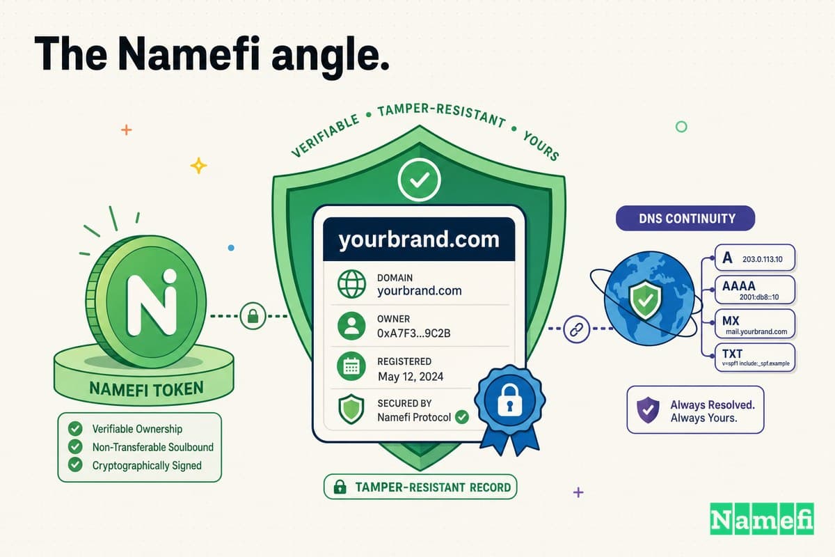 Colorful illustration of verifiable, tamper-resistant domain ownership — a domain card secured by a green shield, a green Namefi token, and DNS continuity