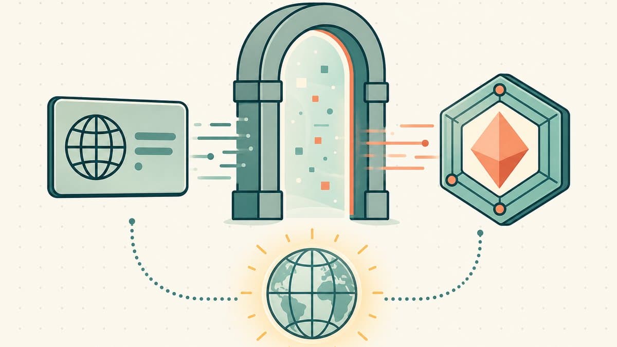 Editorial illustration of a globe domain card entering a tokenization portal and emerging as a faceted NFT medallion, while a lit globe beneath keeps glowing to show DNS still resolves