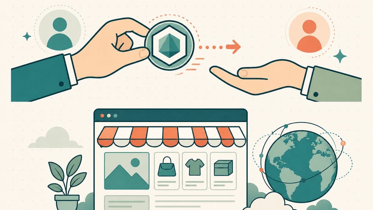 Editorial illustration of an ownership NFT medallion sliding from a seller's hand to a buyer's hand above an uninterrupted lit storefront with a steady globe, showing the site stays online as ownership changes