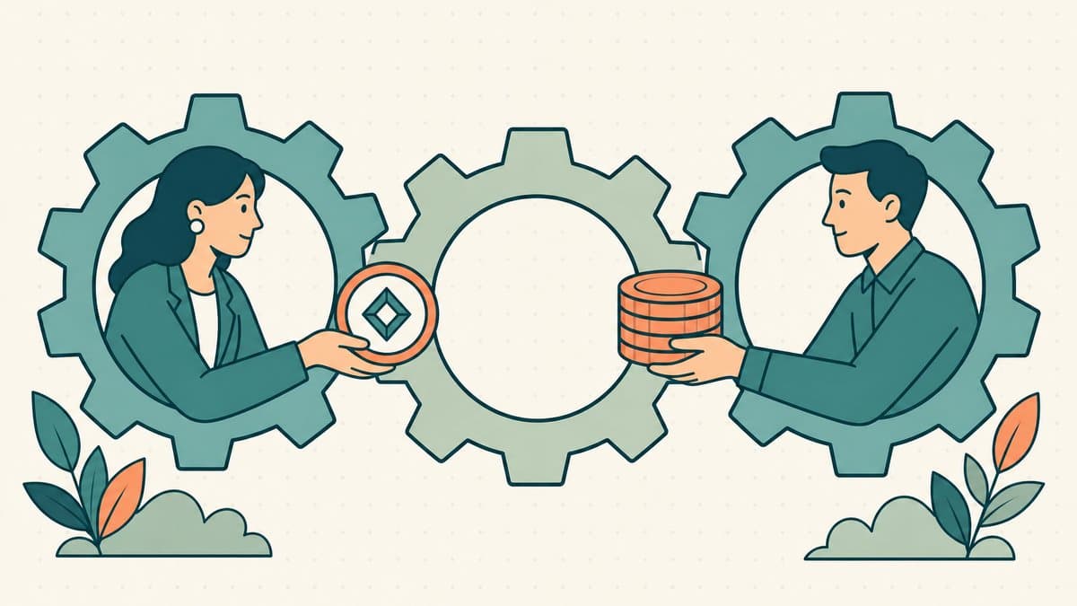 Editorial illustration of a buyer and seller exchanging a token medallion and a stack of coins through two interlocking gears, with the middleman escrow-agent position left visibly empty between them