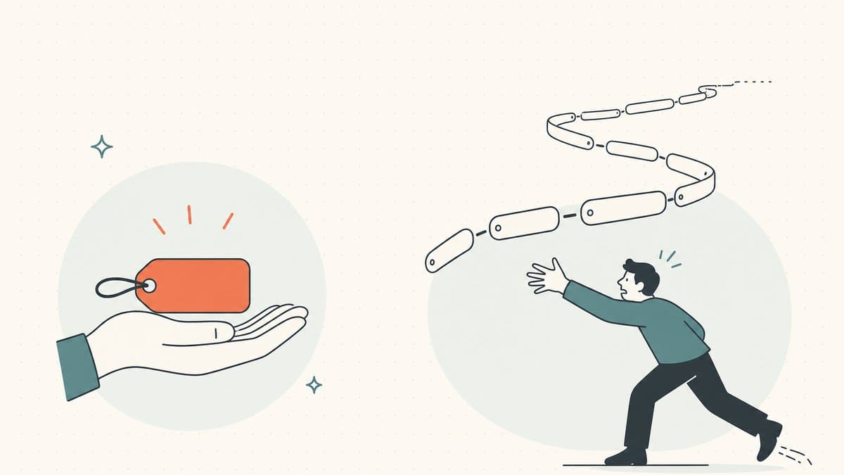 Editorial illustration of a short premium domain tag held easily in one hand while a long hyphenated string slips out of a person's reach