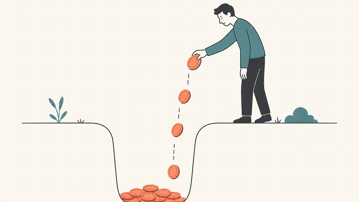 Editorial illustration of a person dropping fresh coins into a hole where past coins already lie out of reach, the sunk-cost trap
