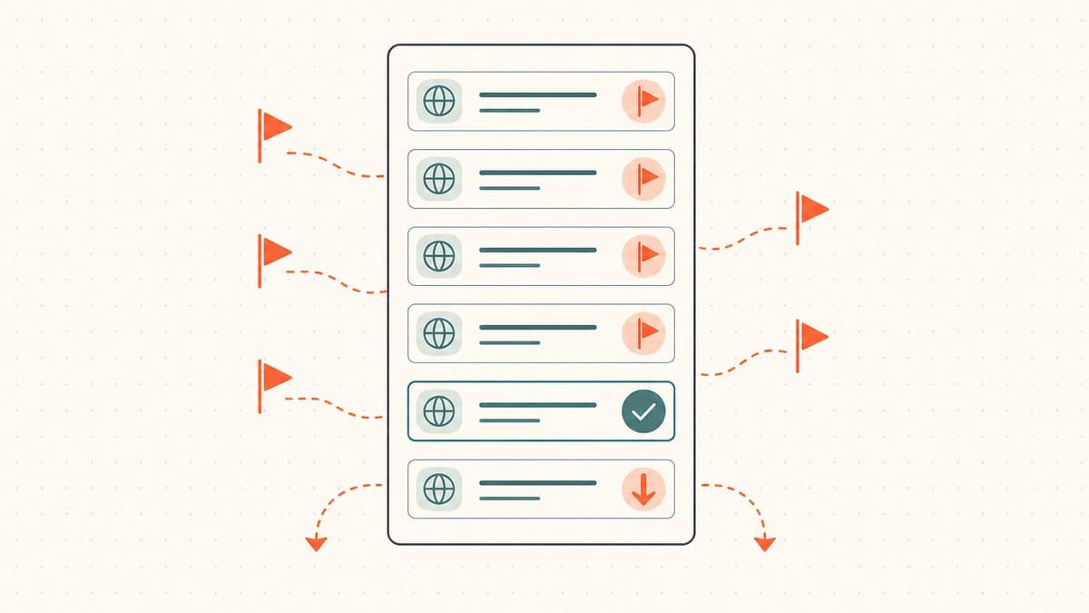Editorial illustration of a checklist of domain-name rows flagged with warning flags and downward arrows signaling names that will never sell