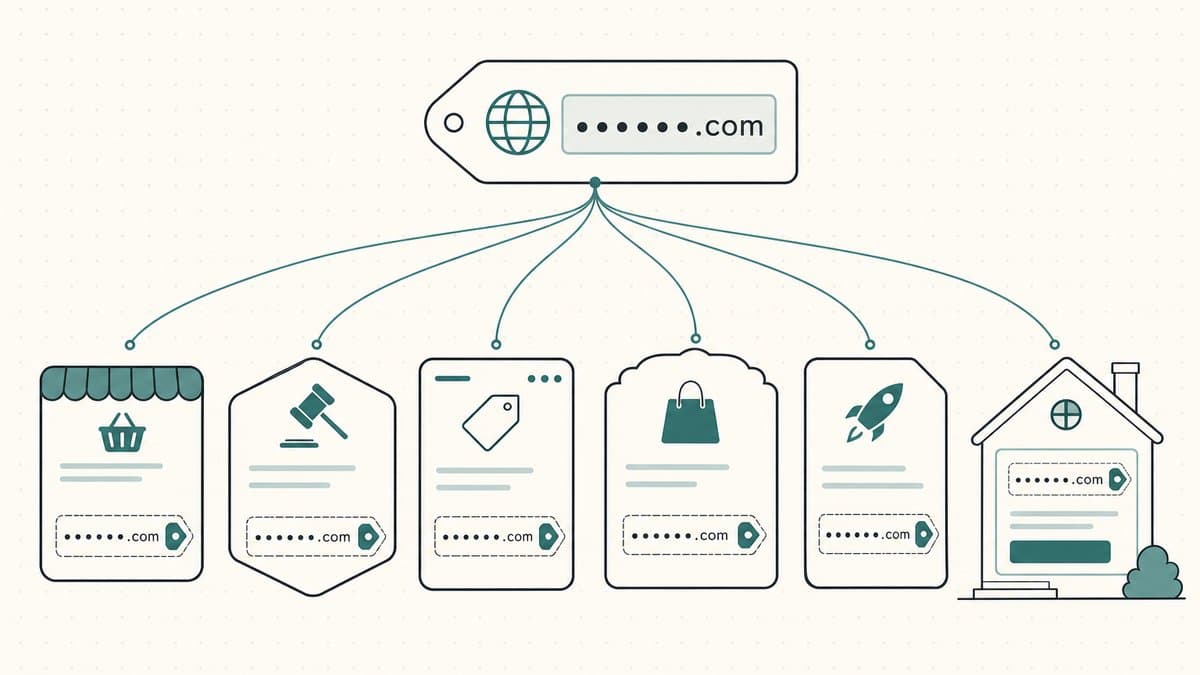 Editorial illustration of one central domain-name tag connected to several distinct marketplace listing cards plus a house-shaped self-hosted for-sale page, each showing a consistent price
