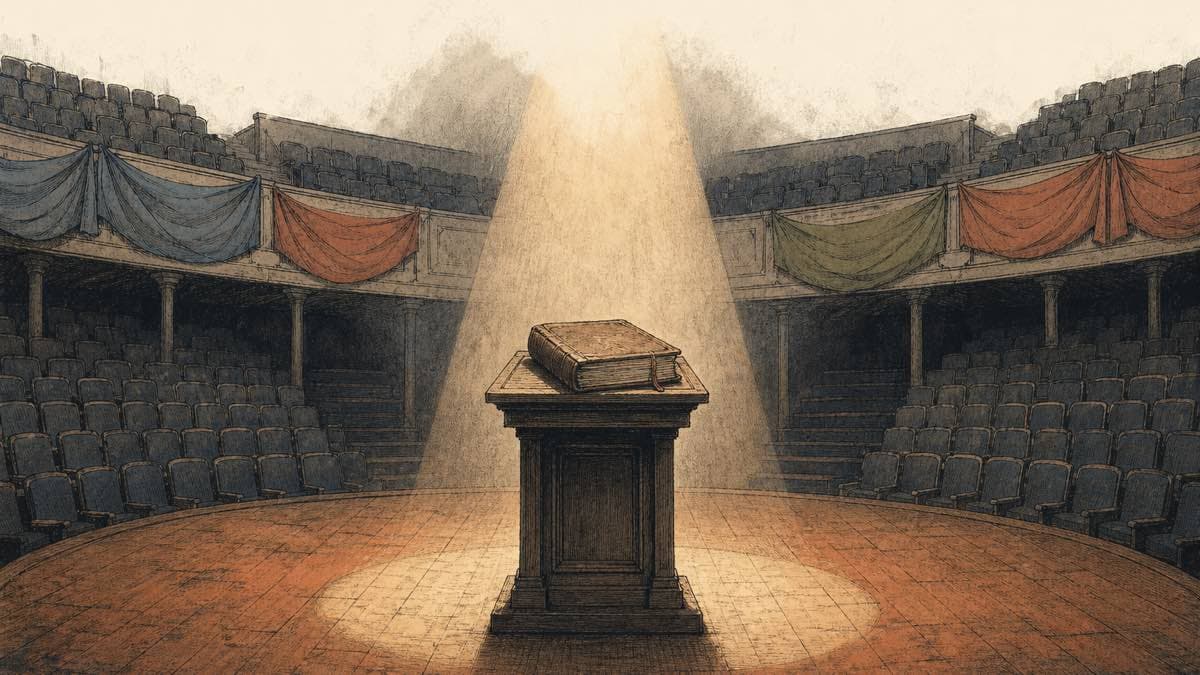 A worn constitution-like document resting closed on a podium at the center of an empty stage, a single spotlight marking the spot where legitimacy is claimed
