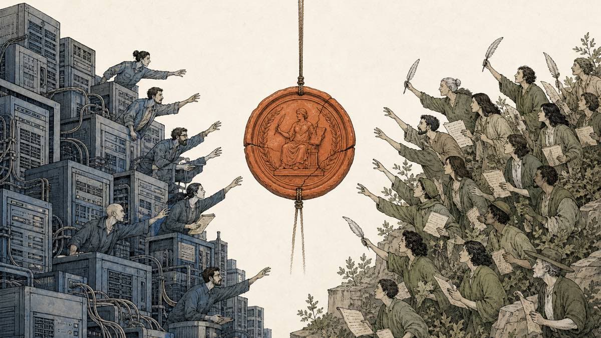 A split editorial scene contrasting a foundation's server stack on one side and a crowd of volunteer contributors on the other, a contested seal hovering between them