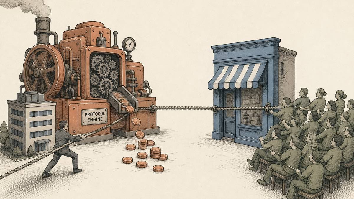 An editorial diagram of a protocol: a labelled engine block on one side generating value, a separate bright storefront on the other, a tug-of-war rope running between a company office and a token-holder assembly